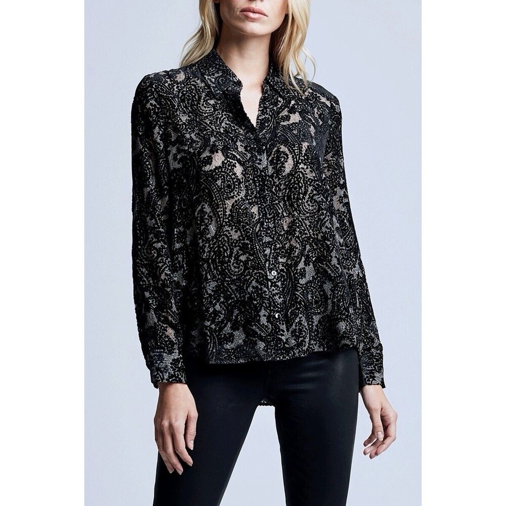 L'AGENCE Hailie Paisley Velvet Lace Silk Burnout Button Down Shirt Black M $420